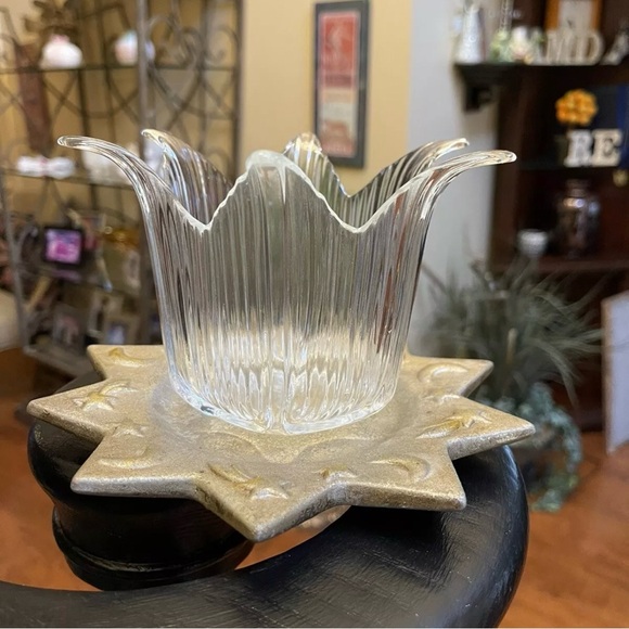 Boho Silver Celestial Painted Clay Star Moon Plate Charger 7.25”Glass votive 2Pc - Picture 2 of 16